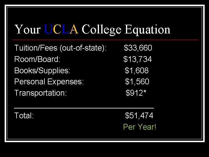 Your UCLA College Equation Tuition/Fees (out-of-state): $33, 660 Room/Board: $13, 734 Books/Supplies: $1, 608