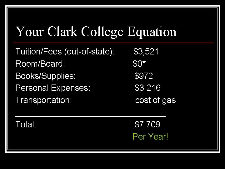 Your Clark College Equation Tuition/Fees (out-of-state): $3, 521 Room/Board: $0* Books/Supplies: $972 Personal Expenses: