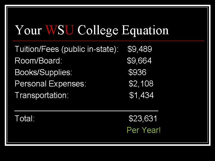 Your WSU College Equation Tuition/Fees (public in-state): $9, 489 Room/Board: $9, 664 Books/Supplies: $936