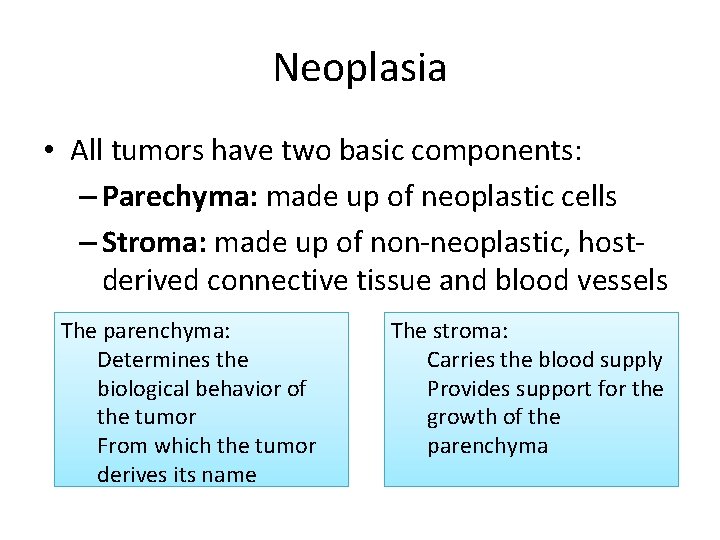 Neoplasia • All tumors have two basic components: – Parechyma: made up of neoplastic