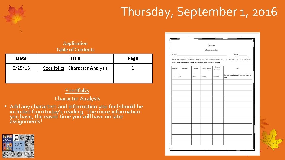 Thursday, September 1, 2016 Application Table of Contents Date Title Page 8/25/16 Seedfolks– Character