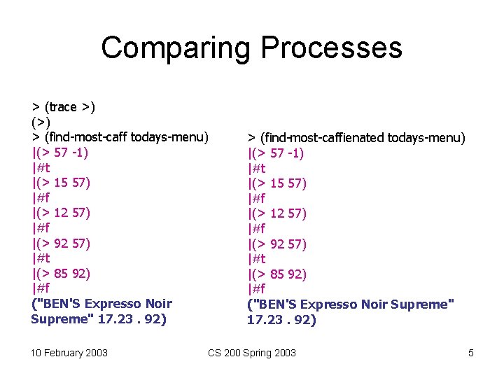 Comparing Processes > (trace >) (>) > (find-most-caff todays-menu) |(> 57 -1) |#t |(>