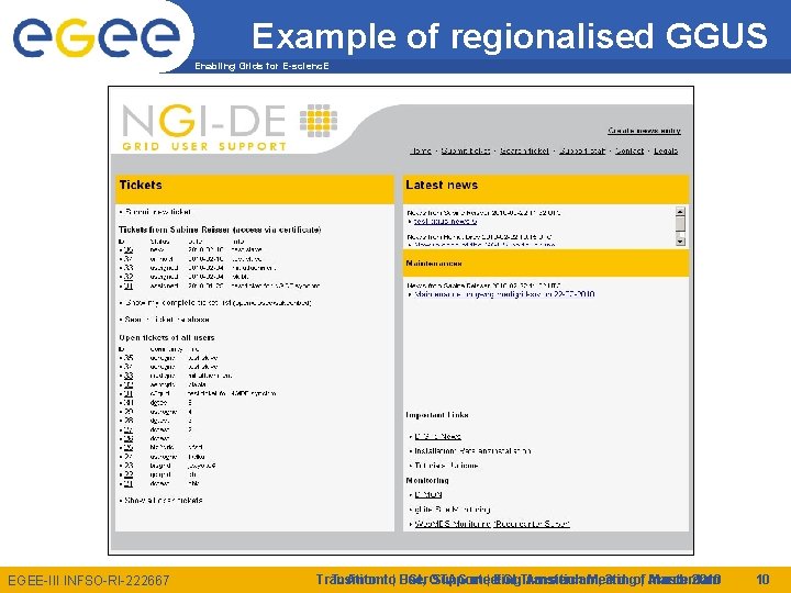 Example of regionalised GGUS Enabling Grids for E-scienc. E EGEE-III INFSO-RI-222667 Transition T. Antonito|