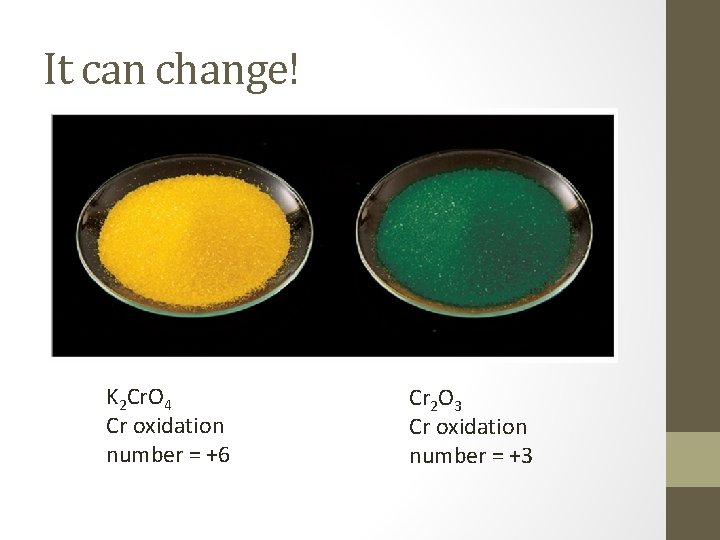 It can change! K 2 Cr. O 4 Cr oxidation number = +6 Cr