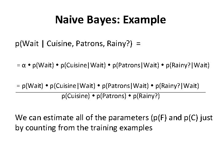 Naive Bayes: Example p(Wait | Cuisine, Patrons, Rainy? ) = = α p(Wait) p(Cuisine|Wait)
