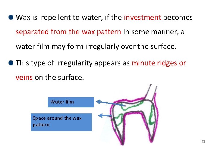 Wax is repellent to water, if the investment becomes separated from the wax pattern