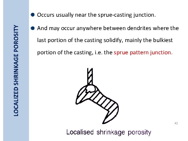LOCALIZED SHRINKAGE POROSITY Occurs usually near the sprue-casting junction. And may occur anywhere between