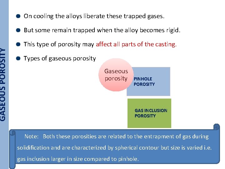 GASEOUS POROSITY On cooling the alloys liberate these trapped gases. But some remain trapped