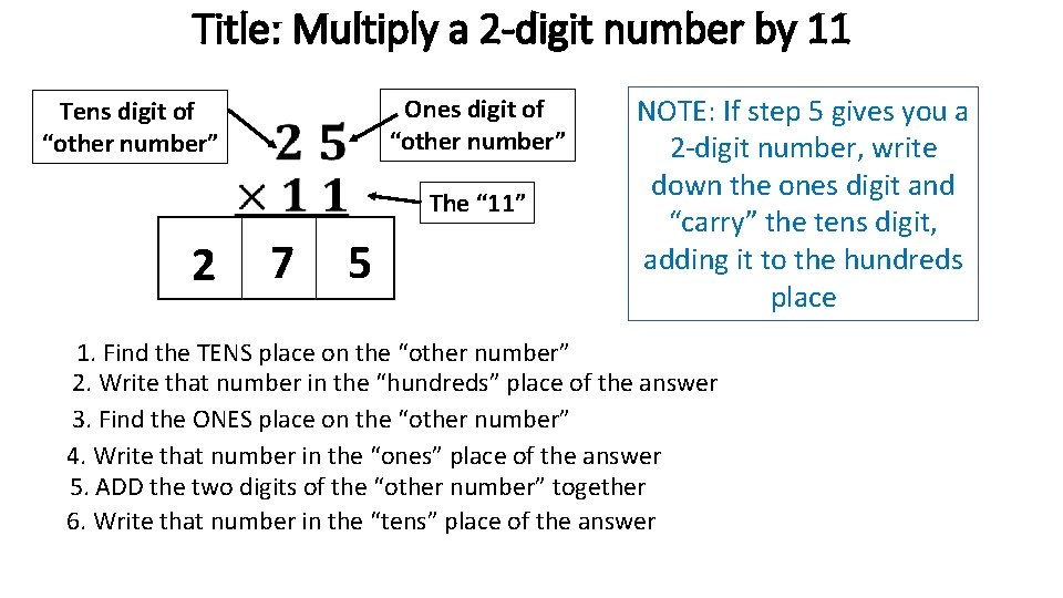 Title: Multiply a 2 -digit number by 11 Ones digit of “other number” Tens