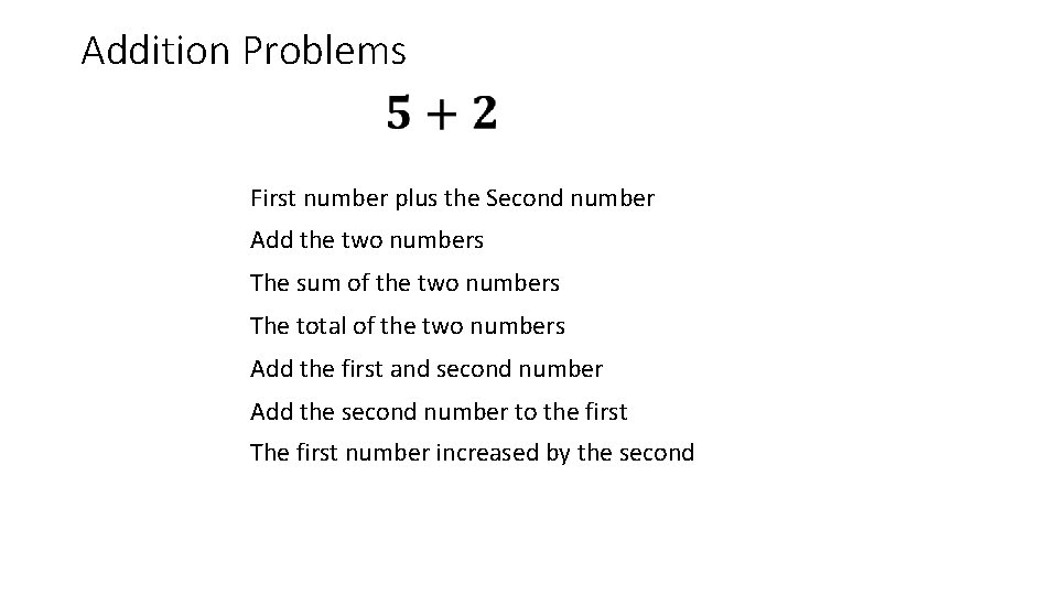 Addition Problems First number plus the Second number Add the two numbers The sum