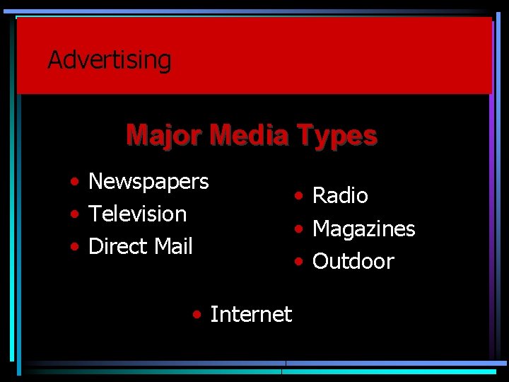 Advertising Major Media Types • Newspapers • Television • Direct Mail • Internet •