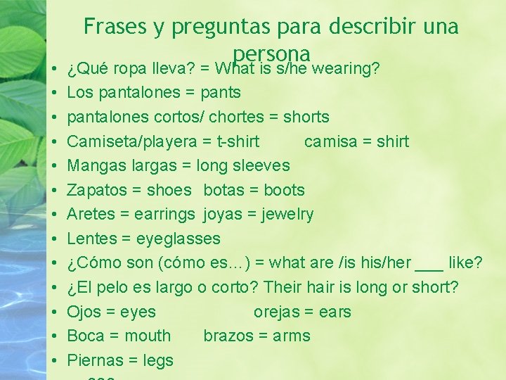  • • • • Frases y preguntas para describir una persona ¿Qué ropa