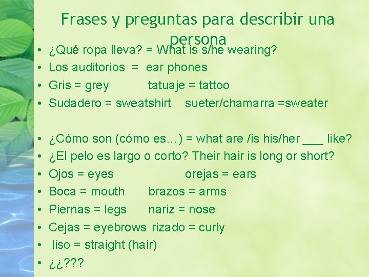 Frases y preguntas para describir una persona • • ¿Qué ropa lleva? = What