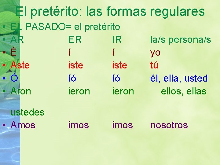 El pretérito: las formas regulares • • • EL PASADO= el pretérito AR ER