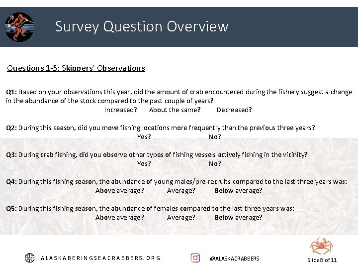 Survey Question Overview Questions 1 -5: Skippers’ Observations Q 1: Based on your observations