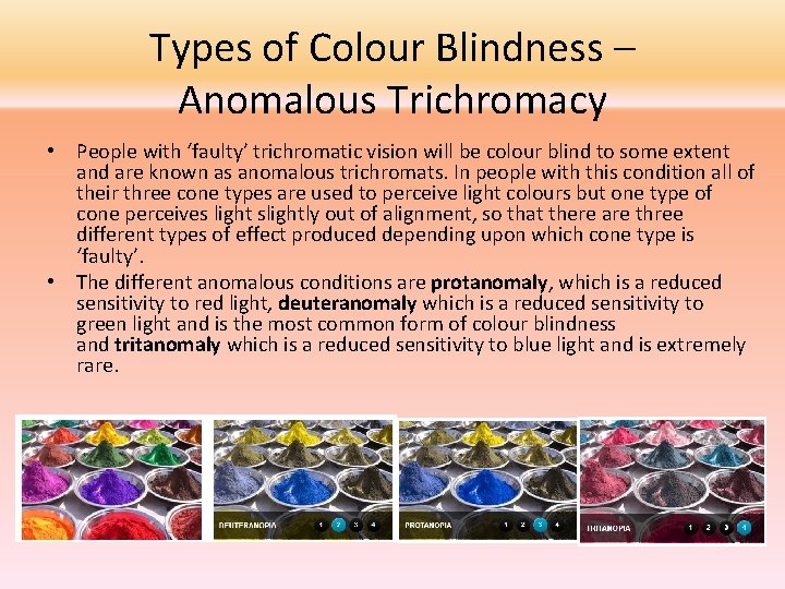 Types of Colour Blindness – Anomalous Trichromacy • People with ‘faulty’ trichromatic vision will
