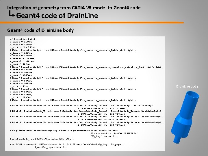 Integration of geometry from CATIA V 5 model to Geant 4 code of Drain.