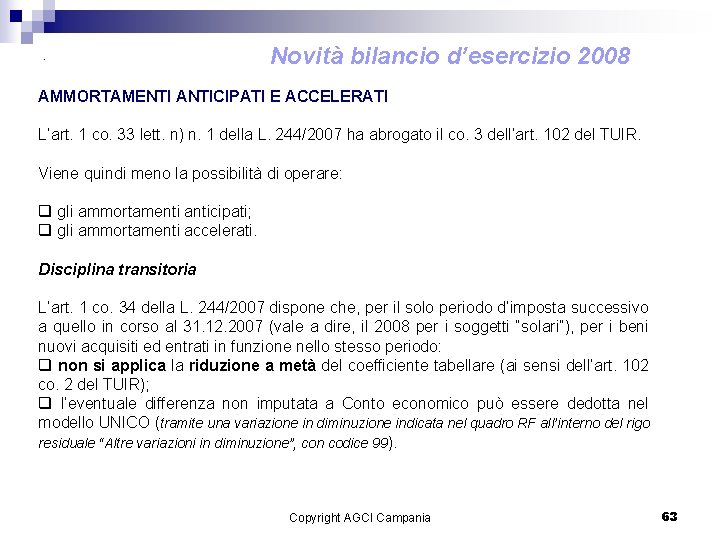 . Novità bilancio d’esercizio 2008 AMMORTAMENTI ANTICIPATI E ACCELERATI L’art. 1 co. 33 lett.