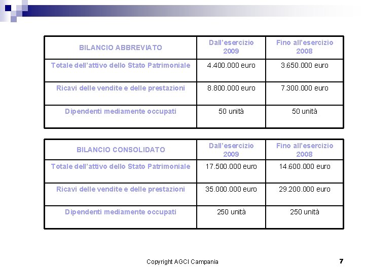 . BILANCIO ABBREVIATO Dall’esercizio 2009 Fino all’esercizio 2008 Totale dell’attivo dello Stato Patrimoniale 4.