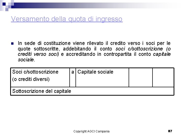 Versamento della quota di ingresso n In sede di costituzione viene rilevato il credito