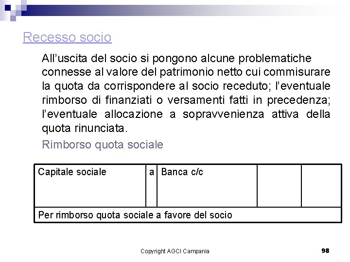 Recesso socio All’uscita del socio si pongono alcune problematiche connesse al valore del patrimonio