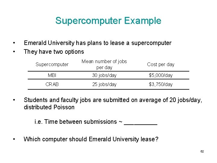 Supercomputer Example • • • Emerald University has plans to lease a supercomputer They