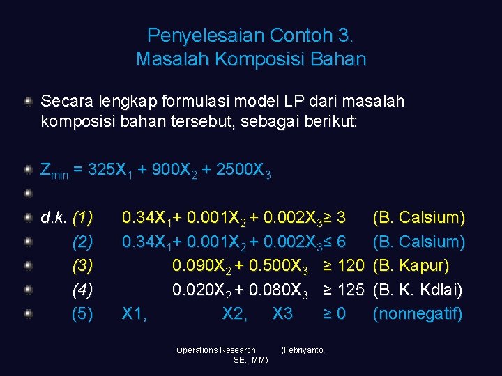 Penyelesaian Contoh 3. Masalah Komposisi Bahan Secara lengkap formulasi model LP dari masalah komposisi