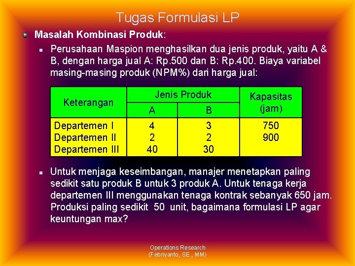 Tugas Formulasi LP Masalah Kombinasi Produk: n Perusahaan Maspion menghasilkan dua jenis produk, yaitu