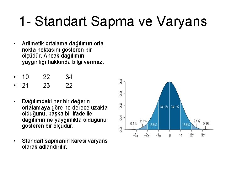 1 - Standart Sapma ve Varyans • Aritmetik ortalama dağılımın orta noktasını gösteren bir