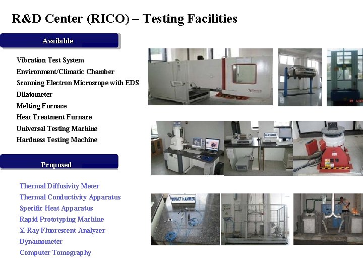R&D Center (RICO) – Testing Facilities Available Vibration Test System Environment/Climatic Chamber Scanning Electron