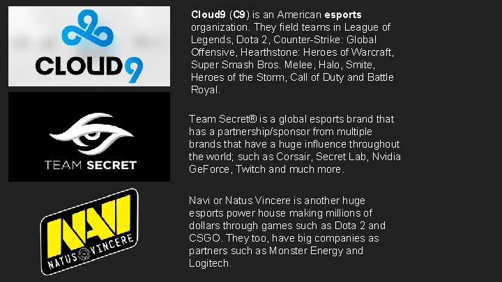 Cloud 9 (C 9) is an American esports organization. They field teams in League