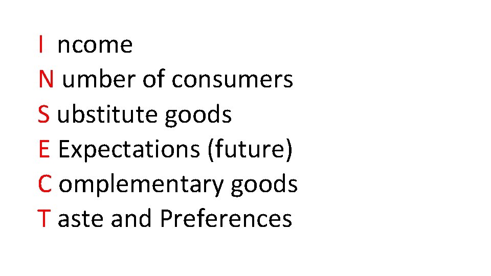 I ncome N umber of consumers S ubstitute goods E Expectations (future) C omplementary