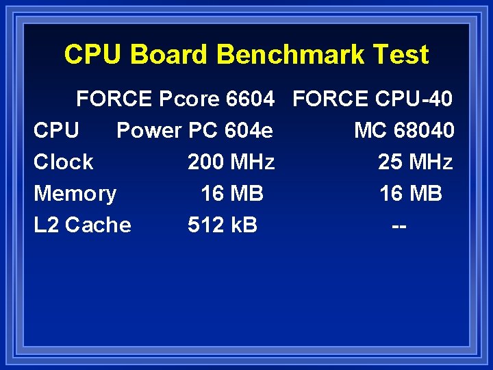 CPU Board Benchmark Test FORCE Pcore 6604 FORCE CPU-40 CPU Power PC 604 e