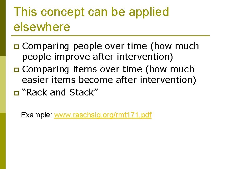 This concept can be applied elsewhere Comparing people over time (how much people improve