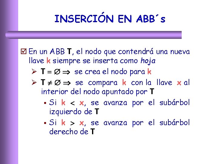 INSERCIÓN EN ABB´s þ En un ABB T, el nodo que contendrá una nueva