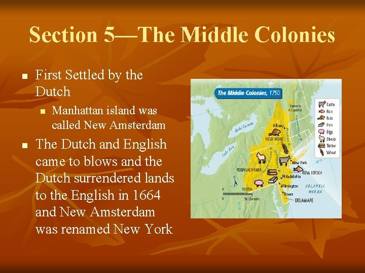 Section 5—The Middle Colonies n First Settled by the Dutch n n Manhattan island