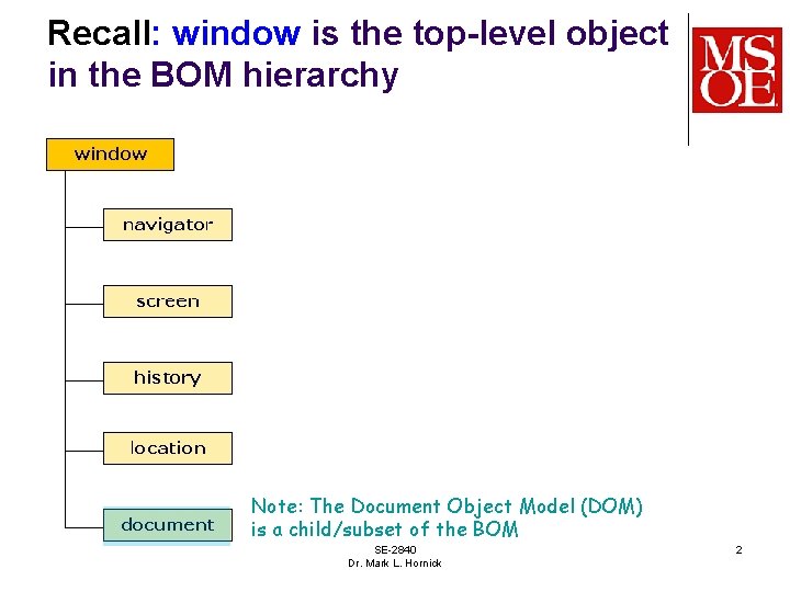 Recall: window is the top-level object in the BOM hierarchy Note: The Document Object Recall: window is the top-level object in the BOM hierarchy Note: The Document Object