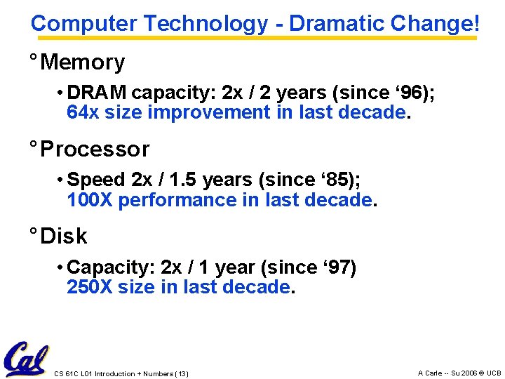Computer Technology - Dramatic Change! ° Memory • DRAM capacity: 2 x / 2 Computer Technology - Dramatic Change! ° Memory • DRAM capacity: 2 x / 2