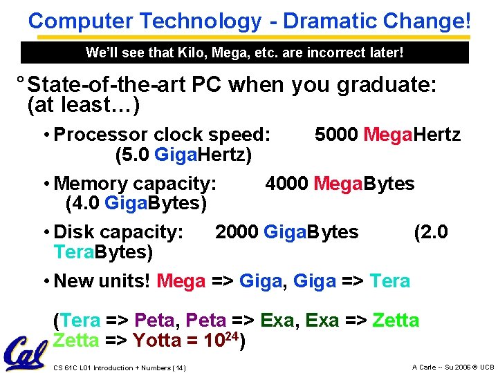 Computer Technology - Dramatic Change! We’ll see that Kilo, Mega, etc. are incorrect later! Computer Technology - Dramatic Change! We’ll see that Kilo, Mega, etc. are incorrect later!