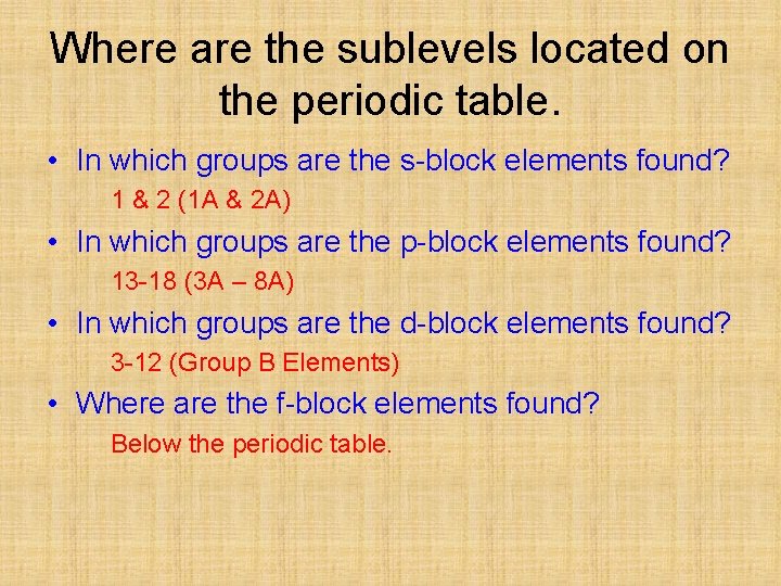 Where are the sublevels located on the periodic table. • In which groups are