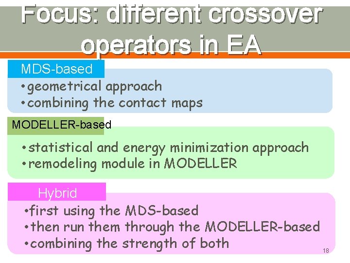Focus: different crossover operators in EA MDS-based • geometrical approach • combining the contact