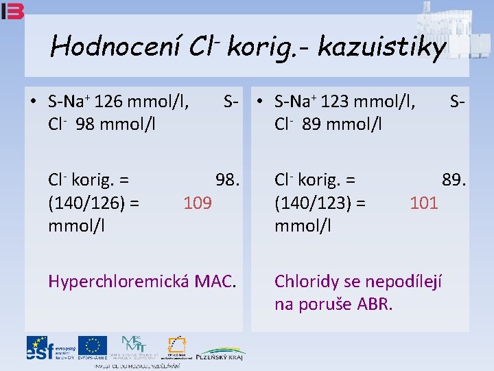 Hodnocení Cl- korig. - kazuistiky • S-Na+ 126 mmol/l, Cl- 98 mmol/l Cl- korig.