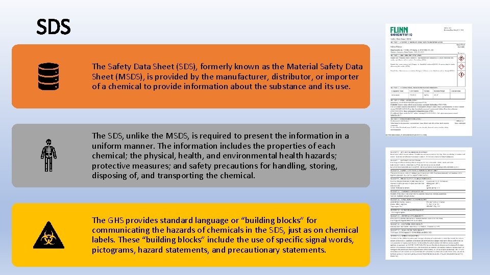 SDS The Safety Data Sheet (SDS), formerly known as the Material Safety Data Sheet