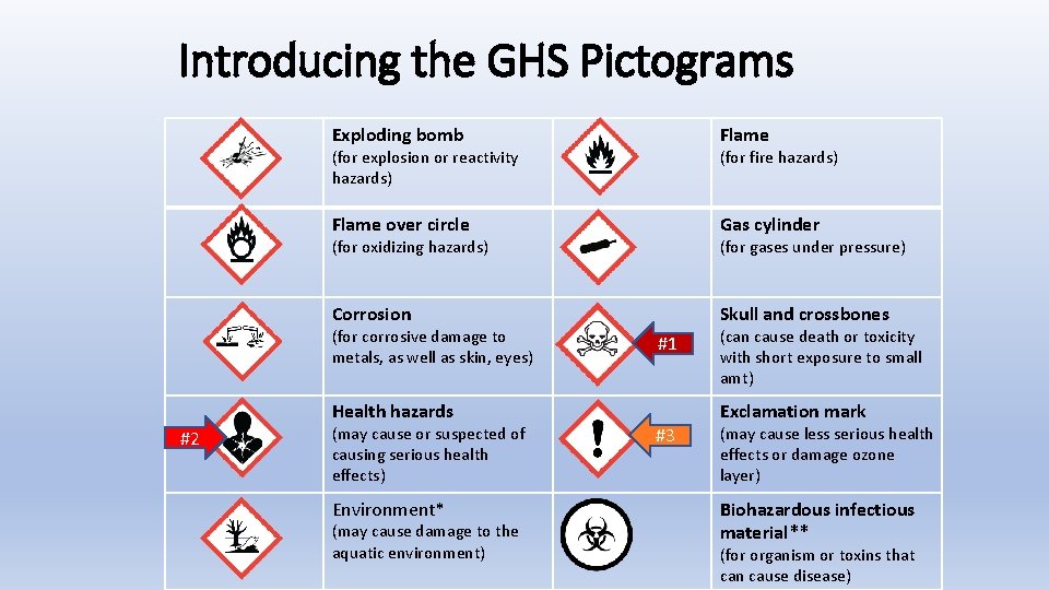 Introducing the GHS Pictograms Exploding bomb Flame over circle Gas cylinder Corrosion Skull and