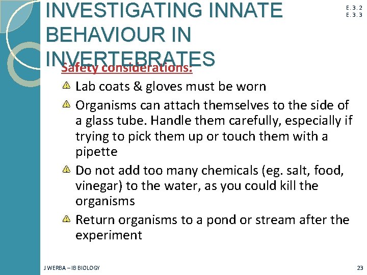 INVESTIGATING INNATE BEHAVIOUR IN INVERTEBRATES Safety considerations: E. 3. 2 E. 3. 3 Lab