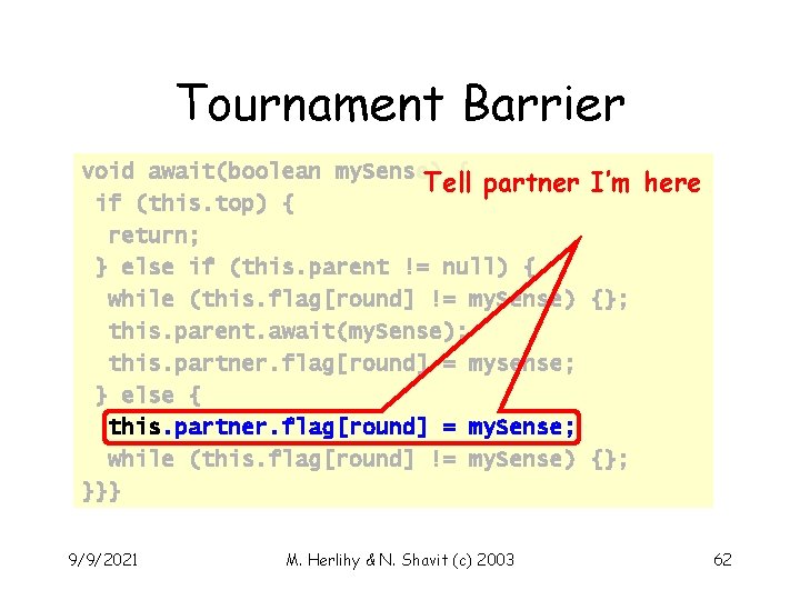Tournament Barrier void await(boolean my. Sense) { Tell partner I’m if (this. top) {
