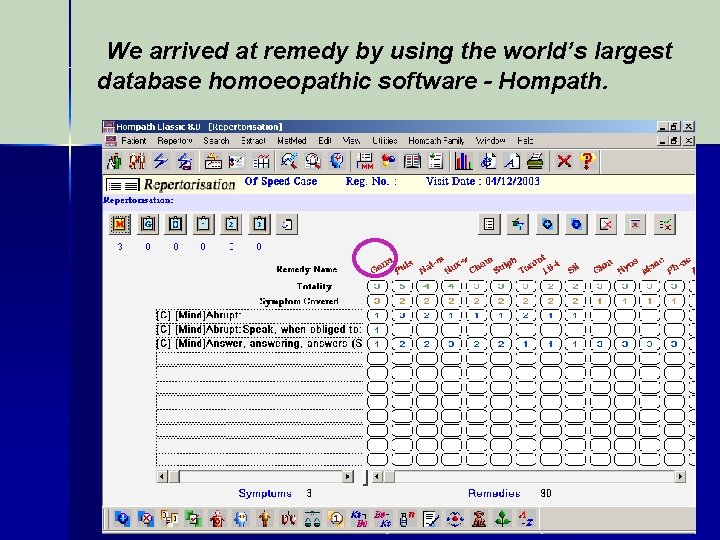 We arrived at remedy by using the world’s largest database homoeopathic software - Hompath.