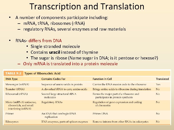 Transcription and Translation • A number of components participate including: – m. RNA, t.