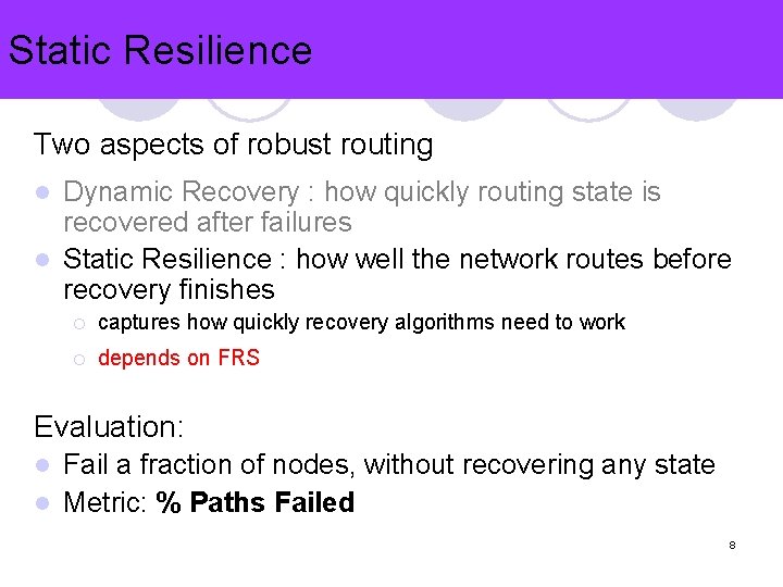 Static Resilience Two aspects of robust routing Dynamic Recovery : how quickly routing state