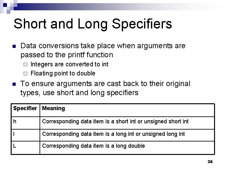 Short and Long Specifiers Data conversions take place when arguments are passed to the Short and Long Specifiers Data conversions take place when arguments are passed to the
